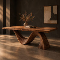 Dining table with a fluted wave shaped pedestal and rectangular top, three-quarter view showing the grain