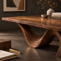 Corner detail of dining table with a fluted wave shaped pedestal and rectangular top beside wood, brass and linen samples