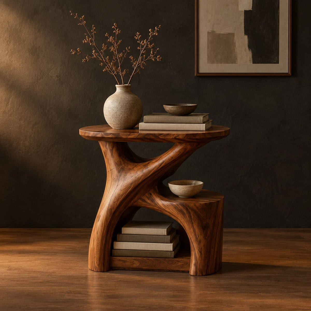 Forked branch side table with an oval top and open lower shelf in a dark studio against a charcoal plaster wall