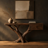 Console table on a forked tree base with two drawers at one end in a dark studio against a charcoal plaster wall