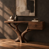 Console table on a forked tree base with two drawers at one end, three-quarter view showing the grain