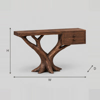Forked Tree Base Console Table With Two Drawers On One End dimension diagram with width, height and depth