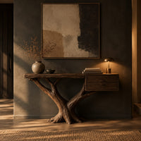 Console table on a forked tree base with two drawers at one end in a dark entryway at golden hour