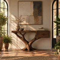 Console table on a forked tree base with two drawers at one end in a bright entryway with arched windows and plants