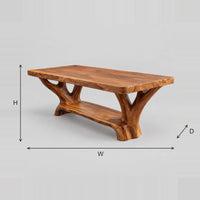 Forked Trunk Base Dining Table With Low Floor Beam dimension diagram with width, height and depth