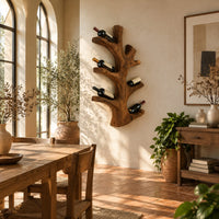 Wine rack shaped like a branching tree trunk with forked arms for bottles in a bright dining room with arched windows and plants