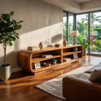 Rounded TV cabinet with four open cubbies in a sunlit room with large windows and plants
