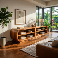 Rounded TV cabinet with four open cubbies in a bright modern living room