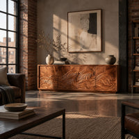 Tv stand with four doors carved with one ocean wave in an industrial loft living room with exposed brick