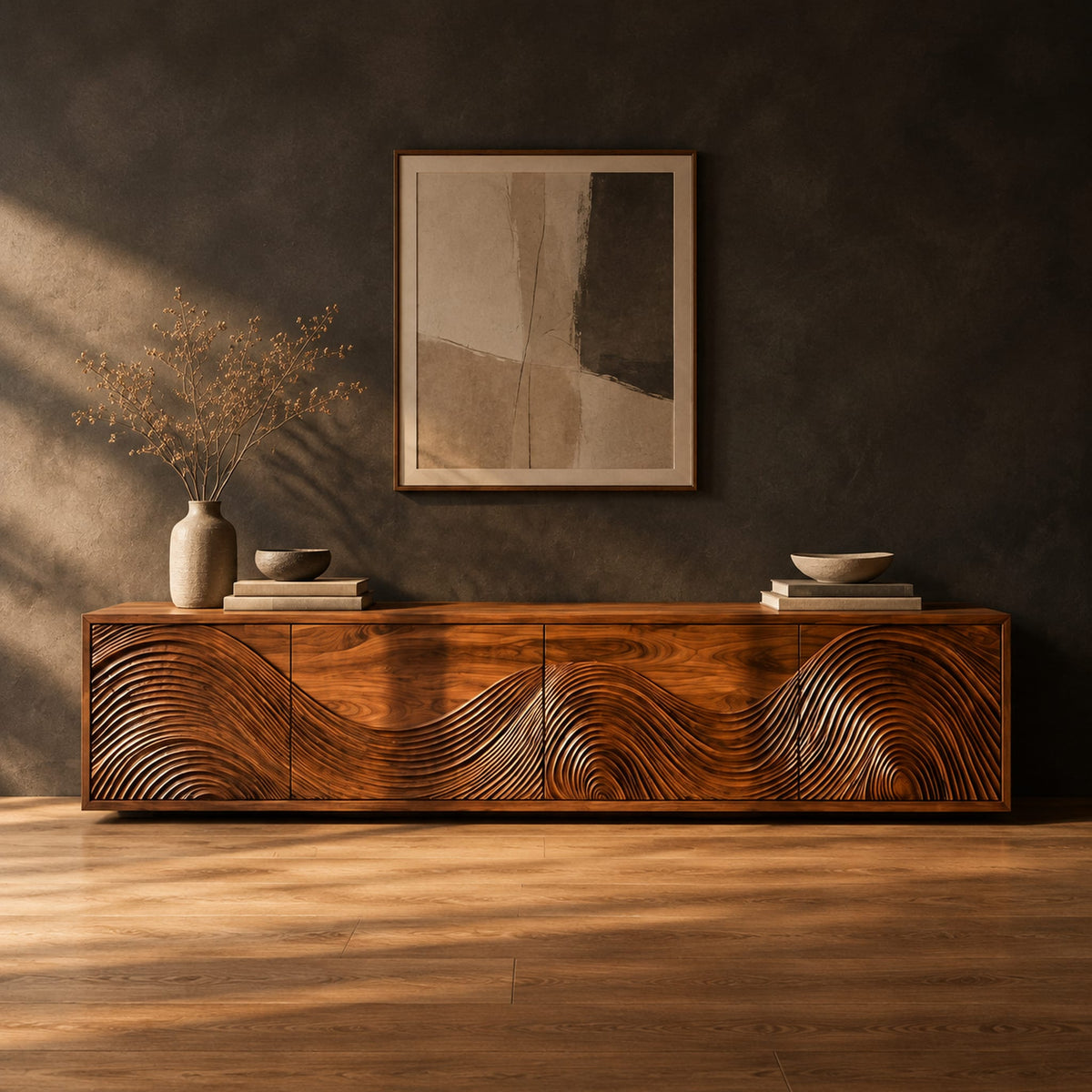 Tv stand with four doors carved in swirling wave ridges in a dark studio against a charcoal plaster wall