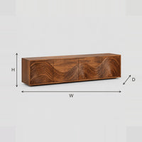 Four Door TV Stand with Swirling Carved Wave Ridges dimension diagram with width, height and depth