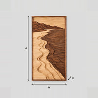 Framed Carved River Landscape Wall Art In Light And Dark Wood dimension diagram with width and height