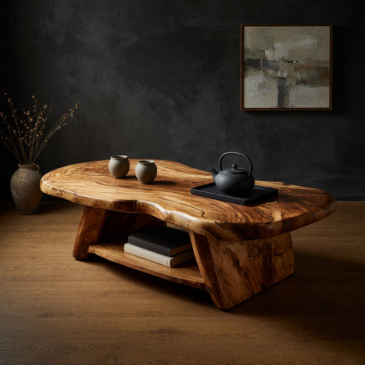 Figured wood free form coffee table with a lower shelf in a dark studio against a charcoal wall