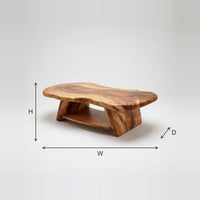 Free Form Coffee Table in Figured Wood for a Living Room dimension diagram with height, width and depth
