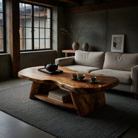 Figured wood free form coffee table with a lower shelf in a concrete and timber loft