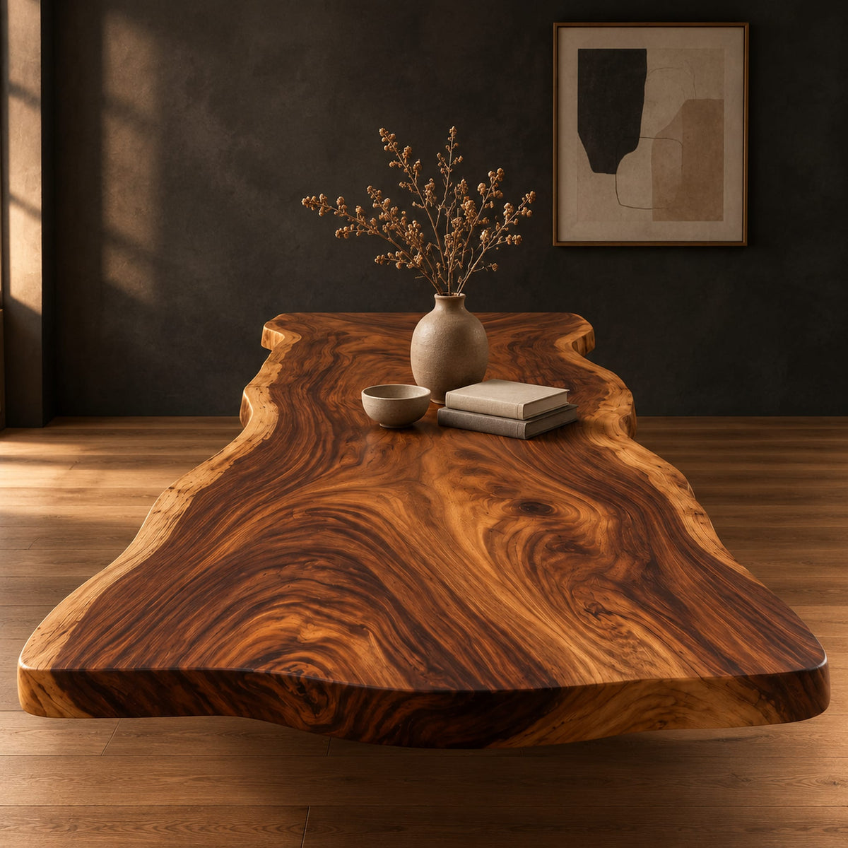 Long wood tabletop with uneven natural edges and bold swirling grain in a dark studio against a charcoal plaster wall