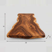 Free Form Live Edge Tabletop With Bold Swirling Grain dimension diagram with width, height and depth