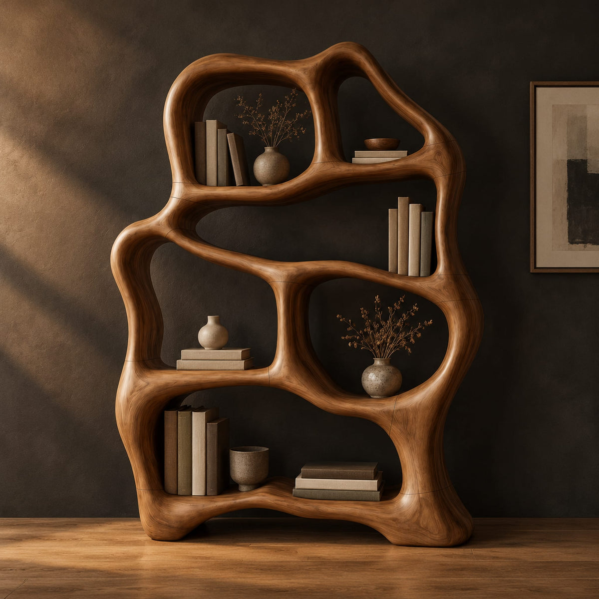 Free form wooden bookshelf with soft flowing open shelves in a dark studio against a charcoal plaster wall