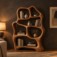 Free form wooden bookshelf with soft flowing open shelves in a dark living room at golden hour