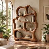 Free form wooden bookshelf with soft flowing open shelves in a bright living room with arched windows and plants