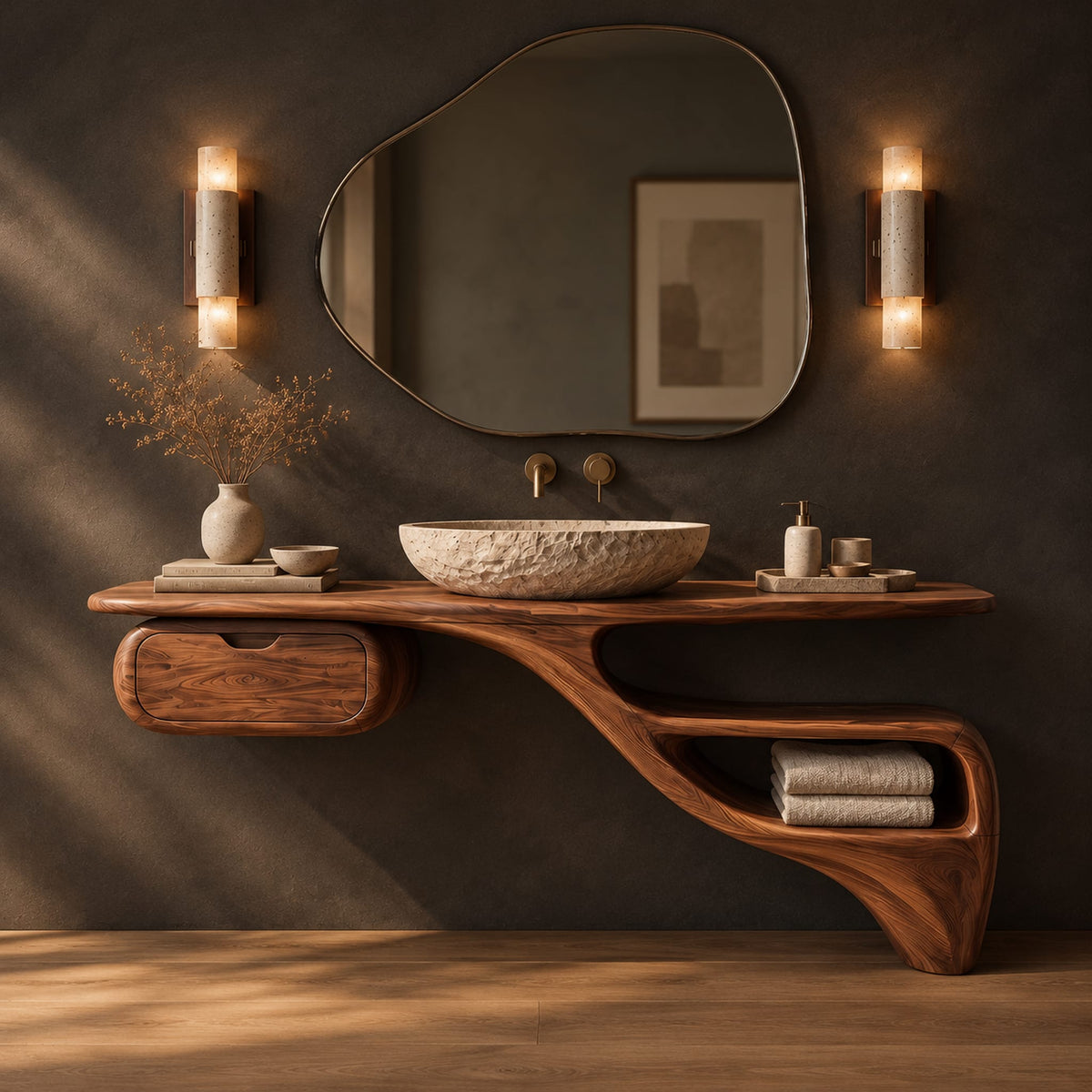 Floating freeform vanity cabinet with a small drawer and a flowing open niche in a dark studio against a charcoal plaster wall