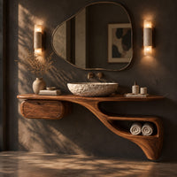 Floating freeform vanity cabinet with a small drawer and a flowing open niche, three-quarter view showing the grain