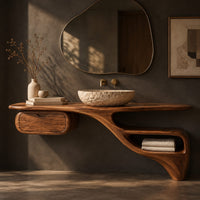 Corner detail of floating freeform vanity cabinet with a small drawer and a flowing open niche beside wood, brass and linen samples