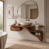 Floating freeform vanity cabinet with a small drawer and a flowing open niche in a Scandinavian bathroom with white walls