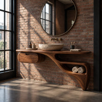 Floating freeform vanity cabinet with a small drawer and a flowing open niche in an industrial loft bathroom with exposed brick