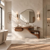 Floating freeform vanity cabinet with a small drawer and a flowing open niche in a bright open plan bathroom