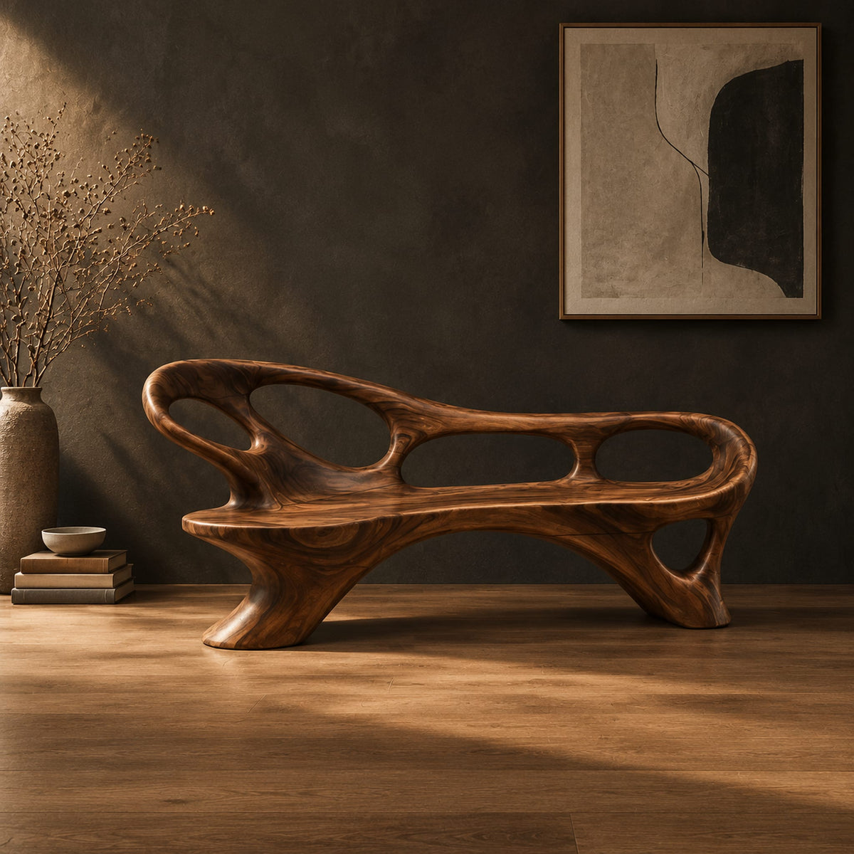 Long freeform bench with oval cutouts along the back and flared legs in a dark studio against a charcoal plaster wall
