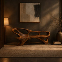 Long freeform bench with oval cutouts along the back and flared legs in a dark entryway at golden hour