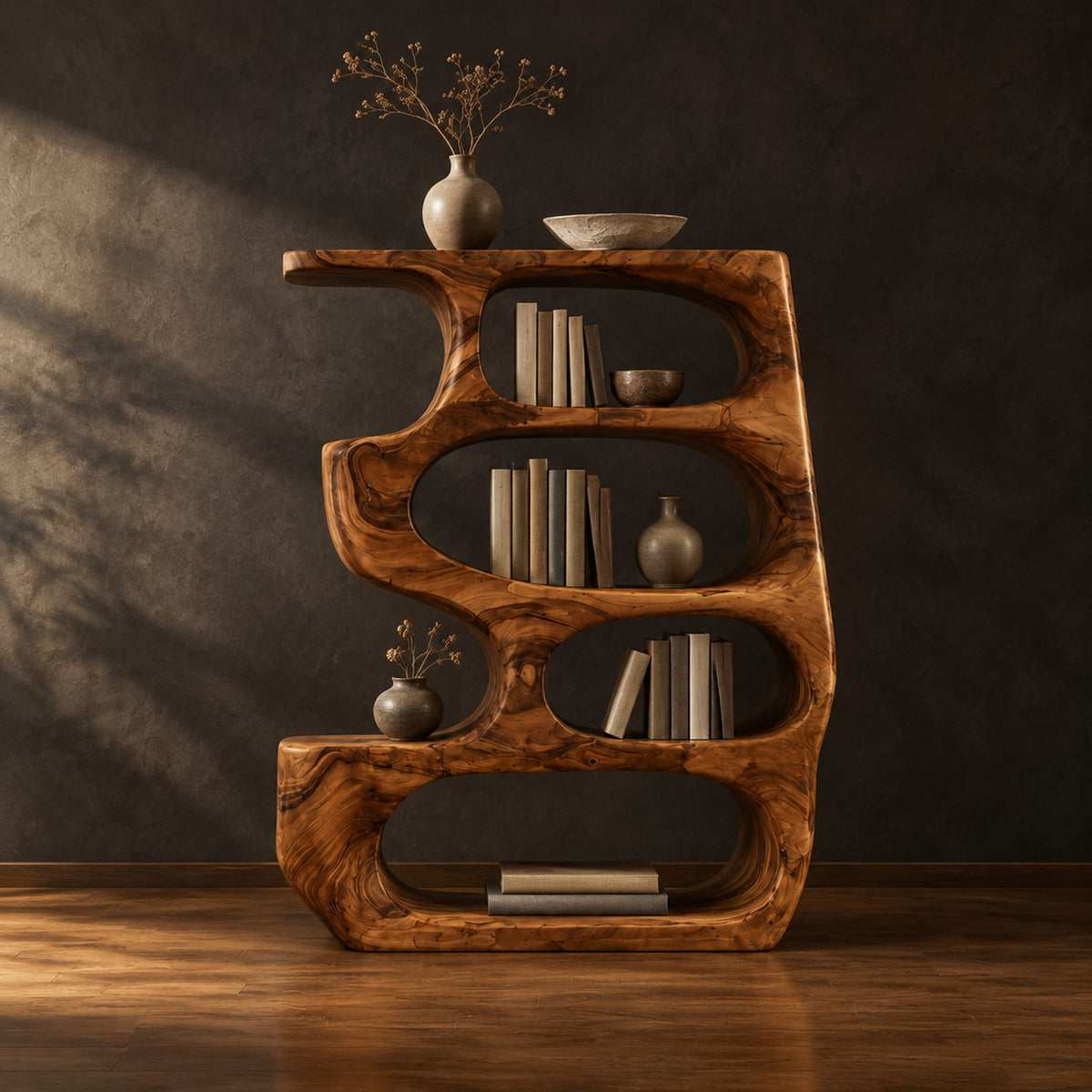 Freeform bookshelf with four stacked oval openings and a thick wavy outline in a dark studio against a charcoal plaster wall