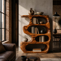 Freeform bookshelf with four stacked oval openings and a thick wavy outline in an industrial loft living room with exposed brick