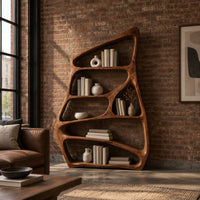 Freeform bookshelf with irregular open cells and a slanted top in an industrial loft living room with exposed brick