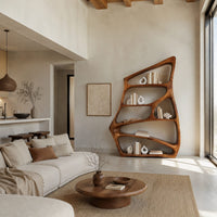 Freeform bookshelf with irregular open cells and a slanted top in a bright open plan living room