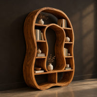 Freeform bookshelf with a keyhole shaped center opening and uneven shelves, three-quarter view showing the grain
