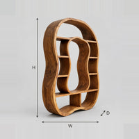 Freeform Bookshelf With Keyhole Opening And Uneven Shelves dimension diagram with width, height and depth