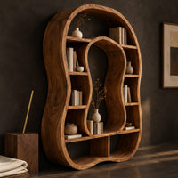 Corner detail of freeform bookshelf with a keyhole shaped center opening and uneven shelves beside wood, brass and linen samples