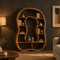 Freeform bookshelf with a keyhole shaped center opening and uneven shelves in a dark living room at golden hour