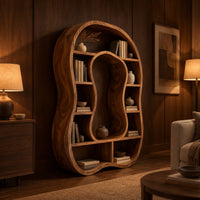 Freeform bookshelf with a keyhole shaped center opening and uneven shelves in an evening living room with walnut wall paneling