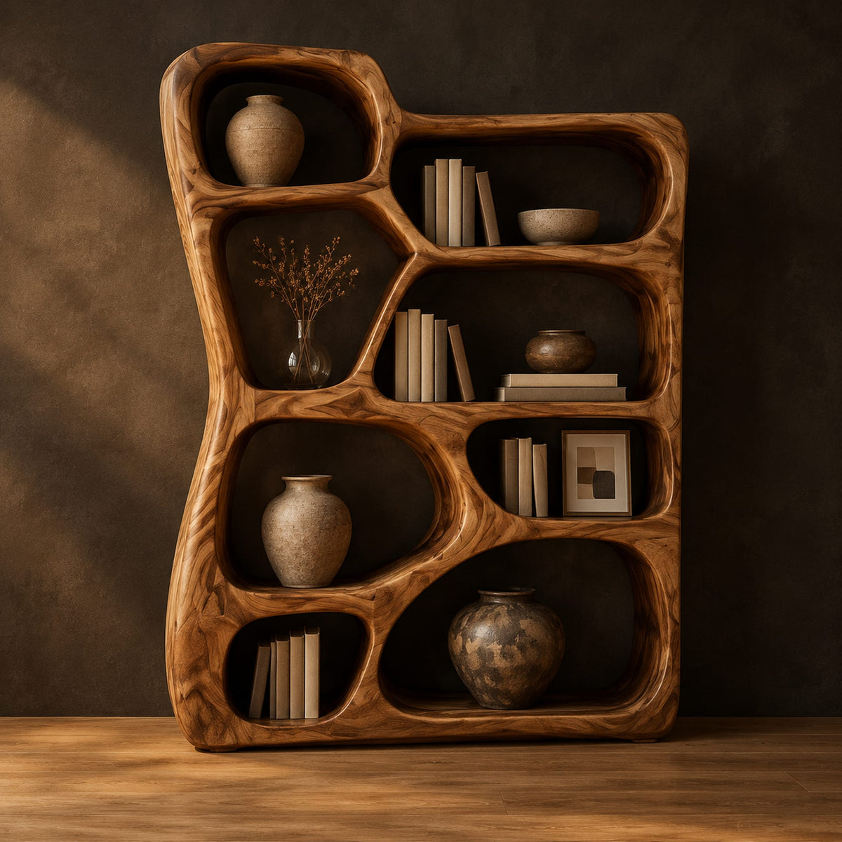 Freeform wooden bookshelf with irregular open cubbies of different sizes in a dark studio against a charcoal plaster wall