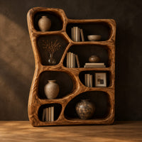 Freeform wooden bookshelf with irregular open cubbies of different sizes in a dark studio against a charcoal plaster wall