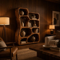 Freeform wooden bookshelf with irregular open cubbies of different sizes in an evening living room with walnut wall paneling
