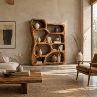Freeform wooden bookshelf with irregular open cubbies of different sizes in a bright open plan living room