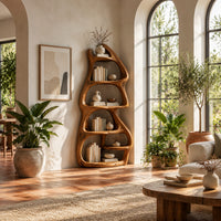 Freeform bookshelf with stacked oval cubbies in a tree trunk form in a bright living room with arched windows and plants