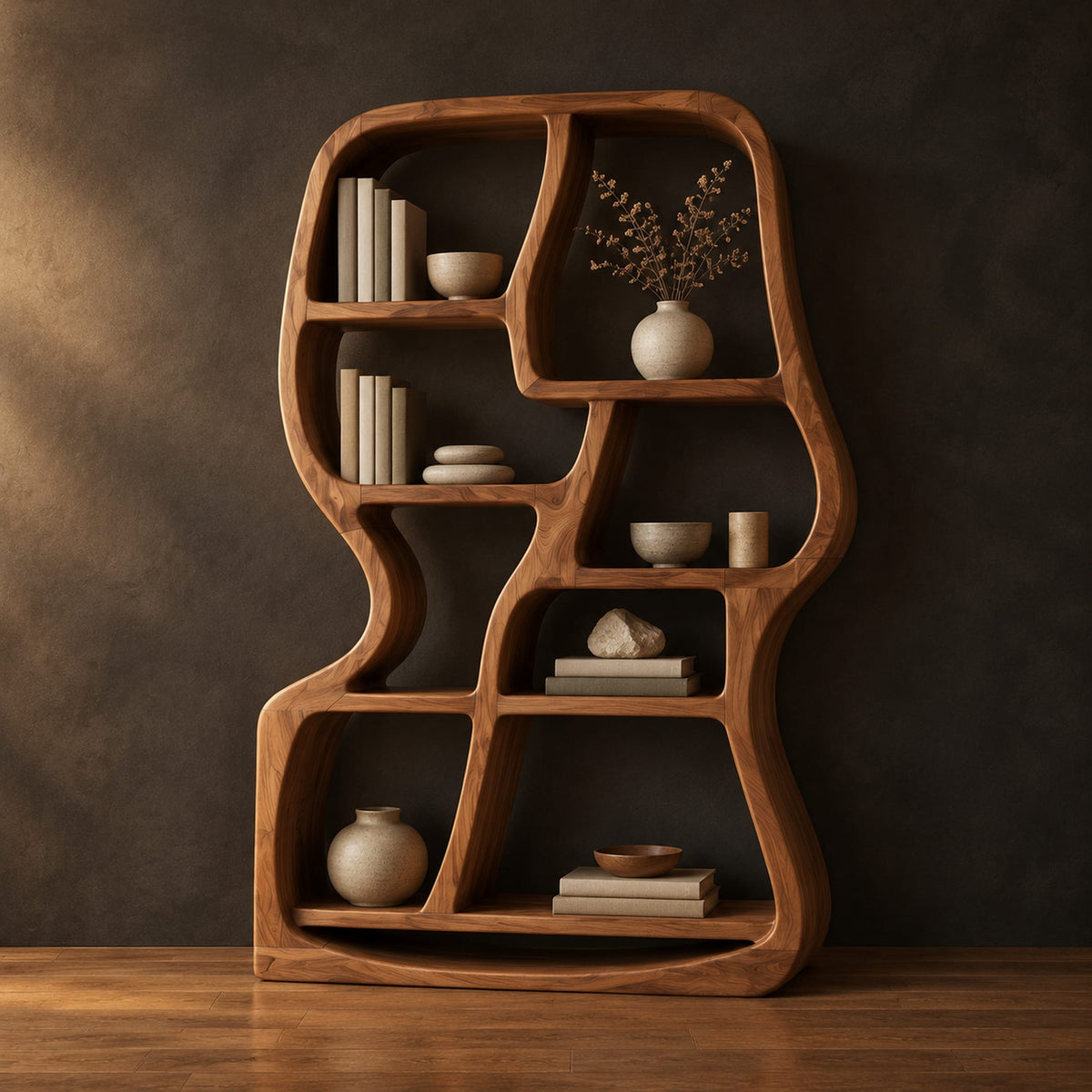 Freeform wooden bookshelf with uneven open cubbies and a soft outline in a dark studio against a charcoal plaster wall