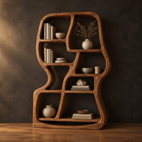 Freeform wooden bookshelf with uneven open cubbies and a soft outline in a dark studio against a charcoal plaster wall