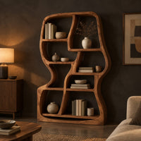Freeform wooden bookshelf with uneven open cubbies and a soft outline in a dark living room at golden hour