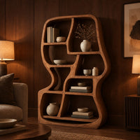 Freeform wooden bookshelf with uneven open cubbies and a soft outline in an evening living room with walnut wall paneling